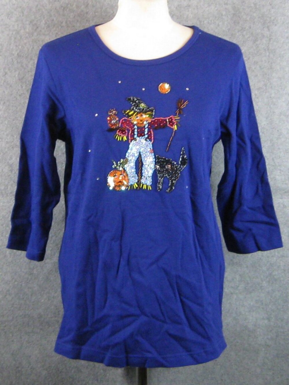 Quacker Factory Women's Top Sz M Sequin Scarecrow 3/4 Sleeve Blue